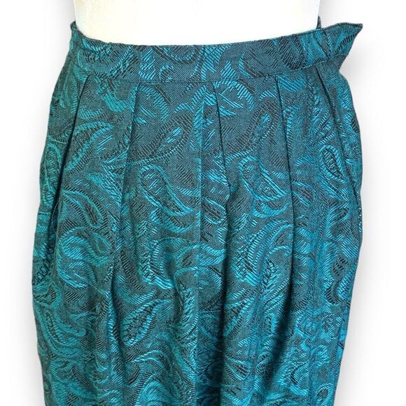 Vintage 90s Pleated Maxi Skirt Turquoise Blue Black Paisley Print Textured 6 - Picture 4 of 9